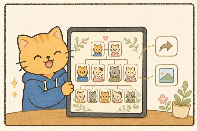 냥이가 완성된 가계도를 보여주는 그림